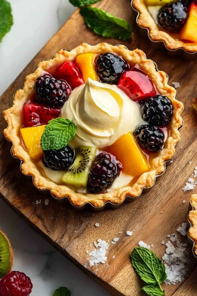 Mini fruit tarts topped with vibrant fruits and creamy pastry cream