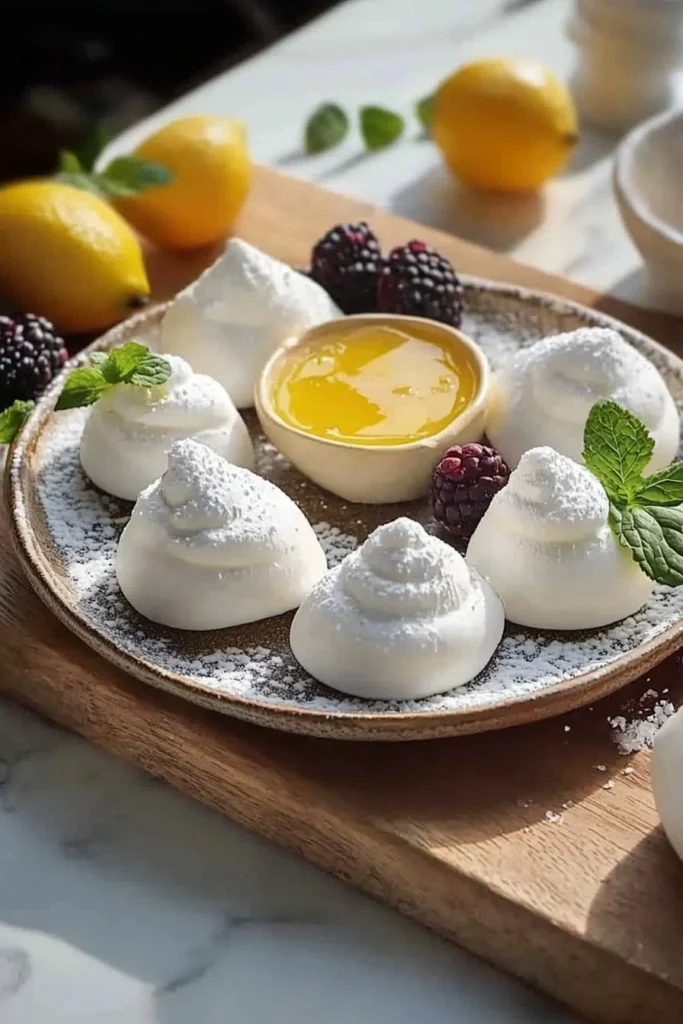Plate of mini meringues topped with bright lemon curd