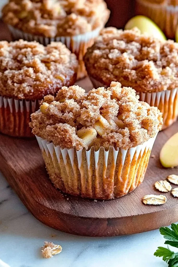 Delicious moist apple cinnamon crumb muffins on a kitchen table