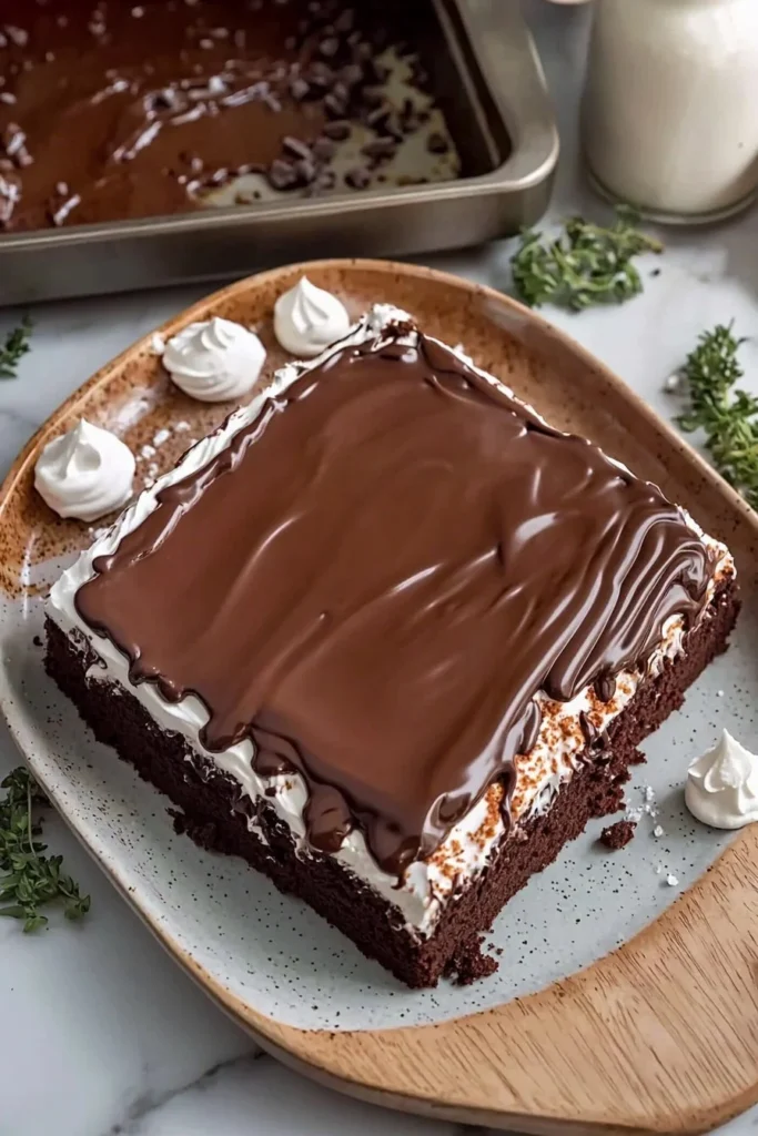 Moist chocolate sheet cake topped with whipped cream and ganache