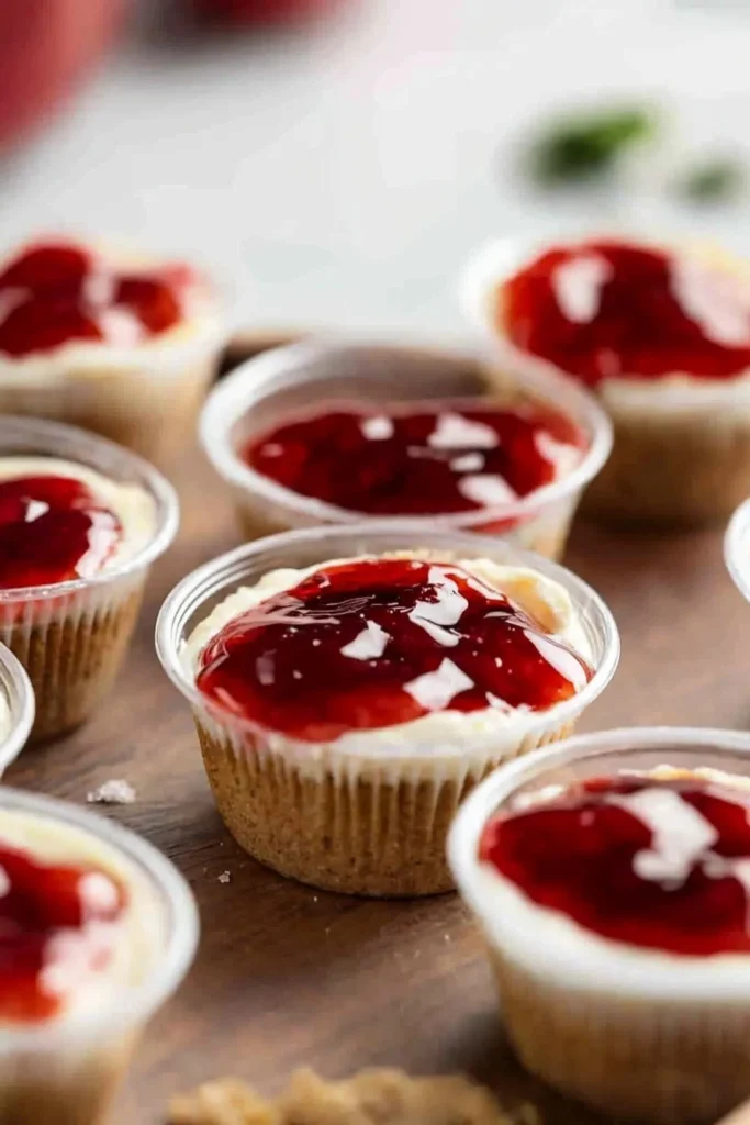 Delicious no bake cheesecake cups topped with fresh berries and whipped cream.