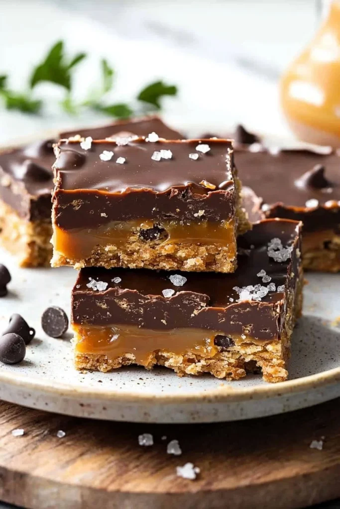 No-Bake Millionaire's Shortbread Bars topped with chocolate and caramel