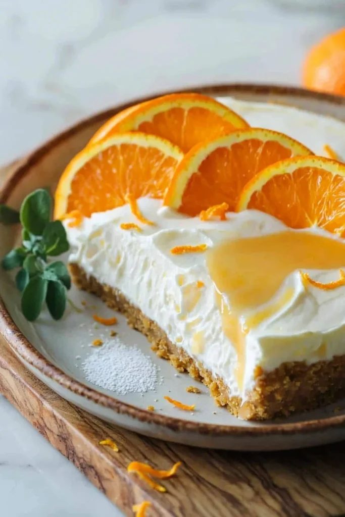 No-Bake Orange Cream Cheesecake topped with orange zest and cream