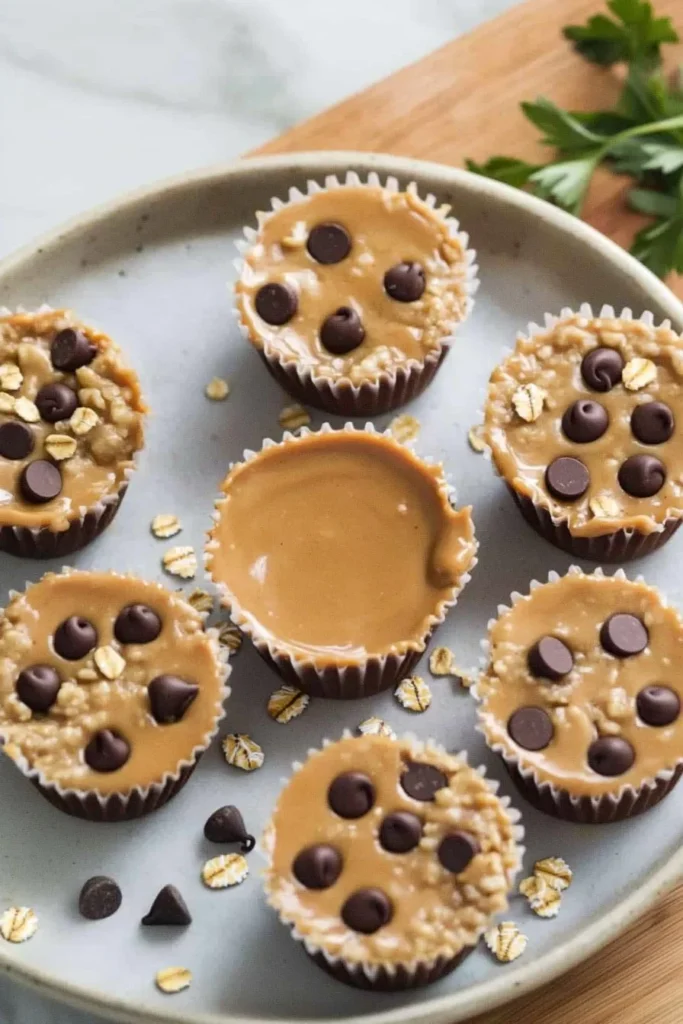 No-bake peanut butter oat cups topped with chocolate and nuts