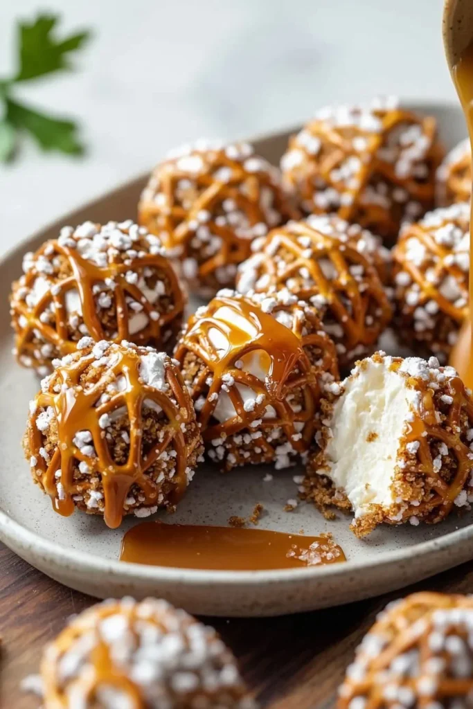 No-Bake Salted Caramel Pretzel Cheesecake Bites on a plate