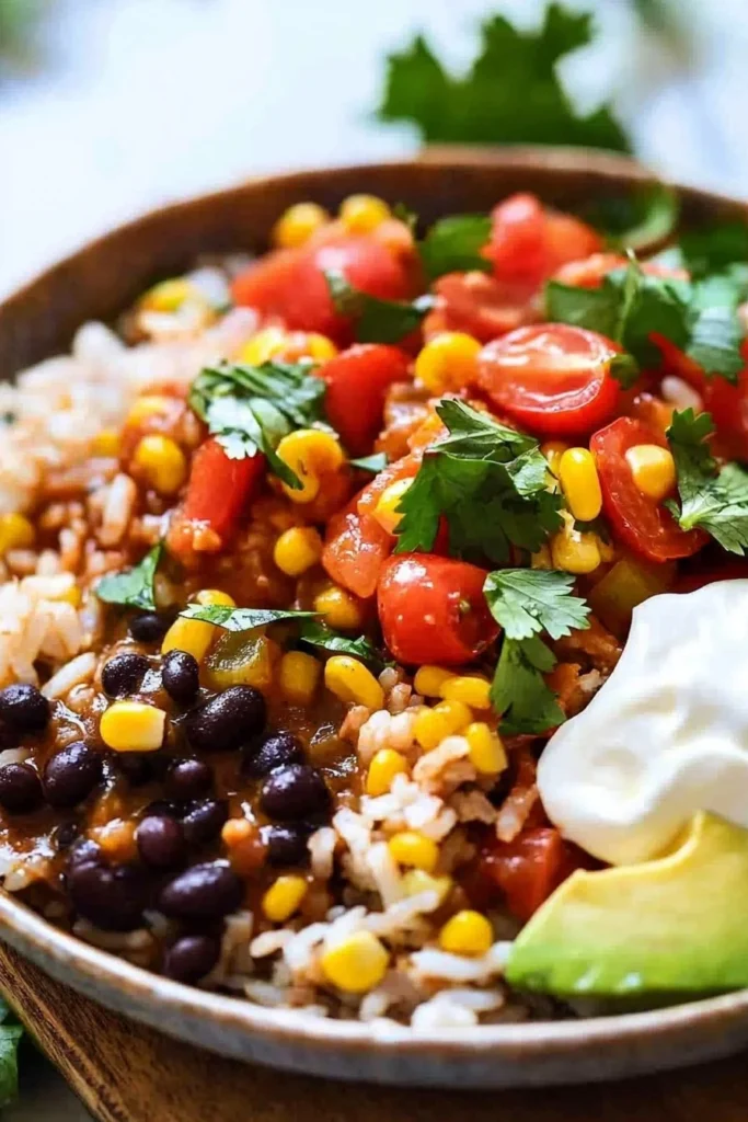 Delicious One Pot Burrito Bowl filled with vibrant ingredients and spices