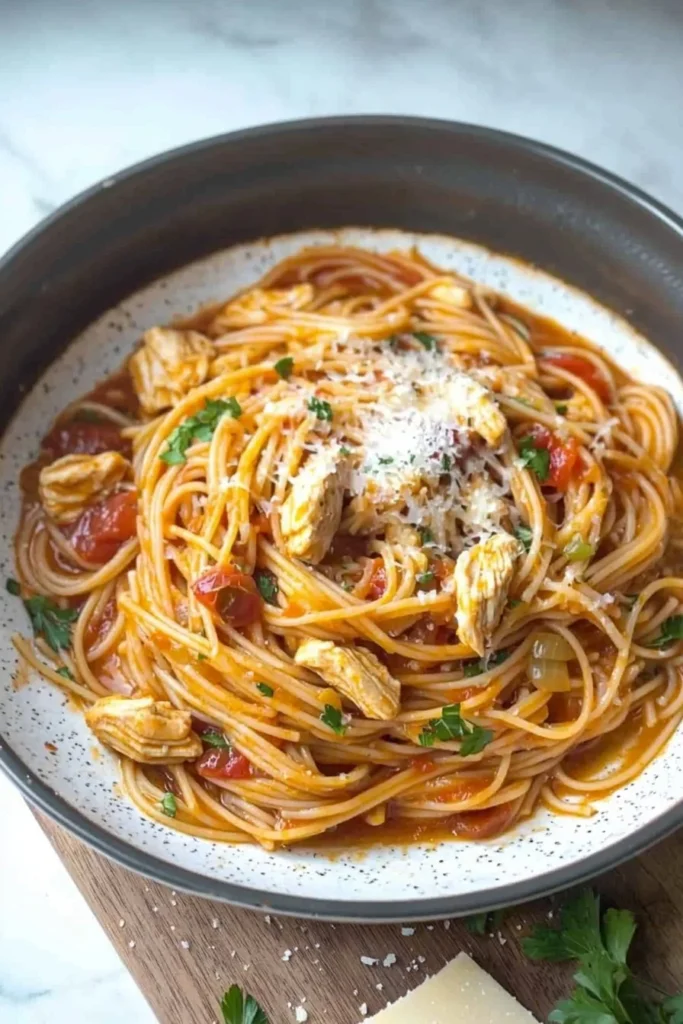 Delicious one pot chicken spaghetti served in a bowl with fresh herbs