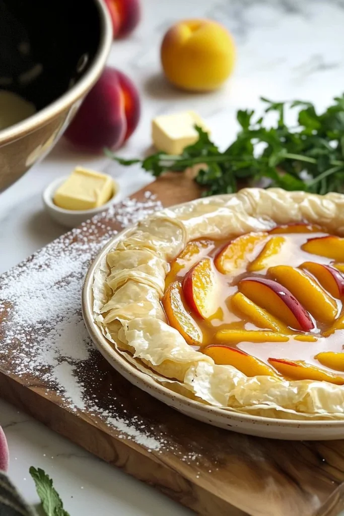 Delicious Peach Fillo Crinkle Pie with flaky layers and fresh peaches
