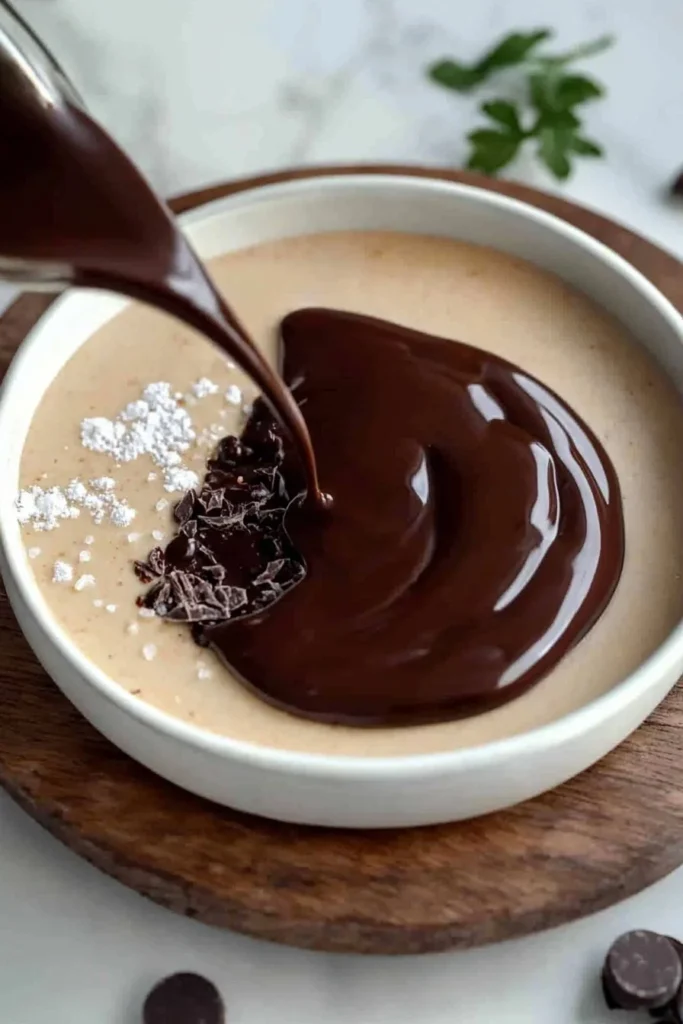 Delicious peanut butter mousse topped with chocolate ganache in a dessert bowl.