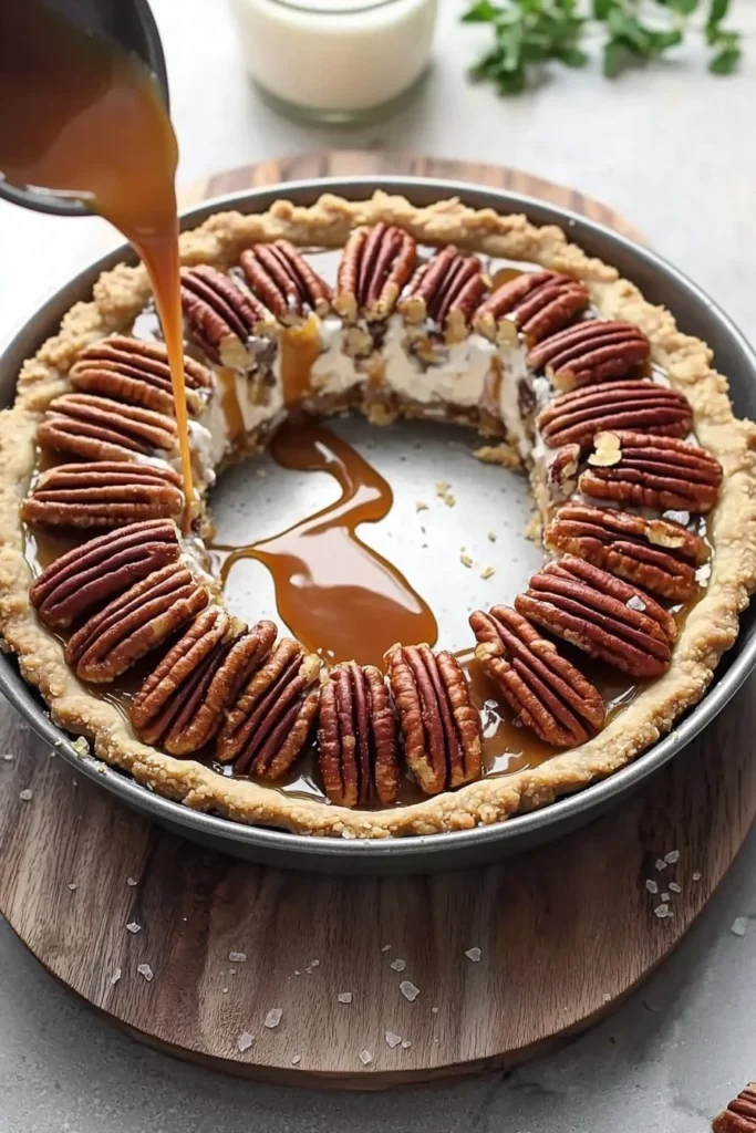 Delicious Pecan Pie Ice Cream Cake with layers of ice cream and pecan pie filling