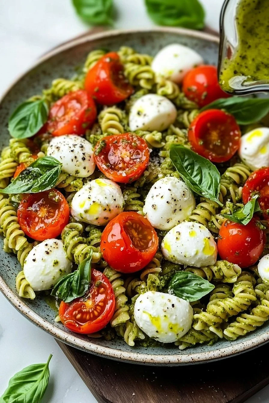 Pesto Pasta Salad with Tomatoes and Mozzarella