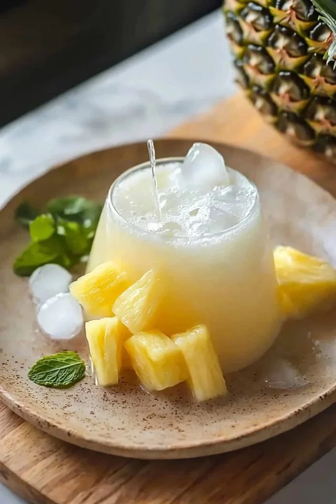 A refreshing glass of pineapple coconut water served with a slice of pineapple