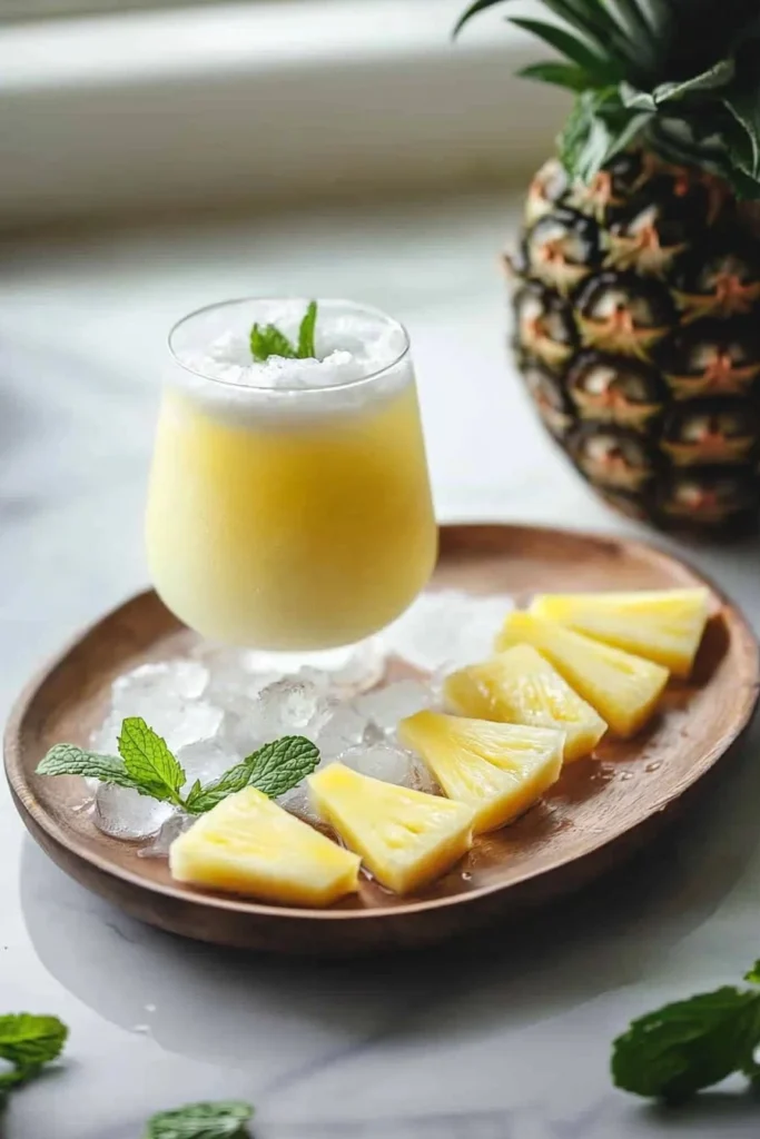 Pineapple Coconut Mocktail garnished with fresh fruit, served in a tropical setting.