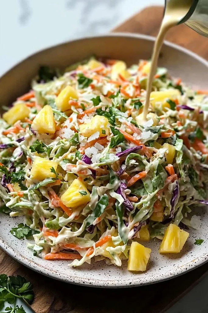 Homemade pineapple coleslaw served in a bowl with fresh vegetables