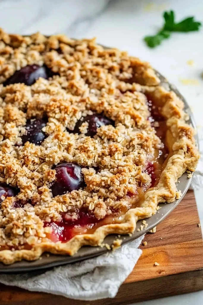 Delicious plum pie with crumb topping served on a rustic wooden table