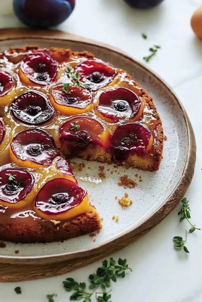 Slice of moist and sweet Plum Upside-Down Cake with caramelized plums