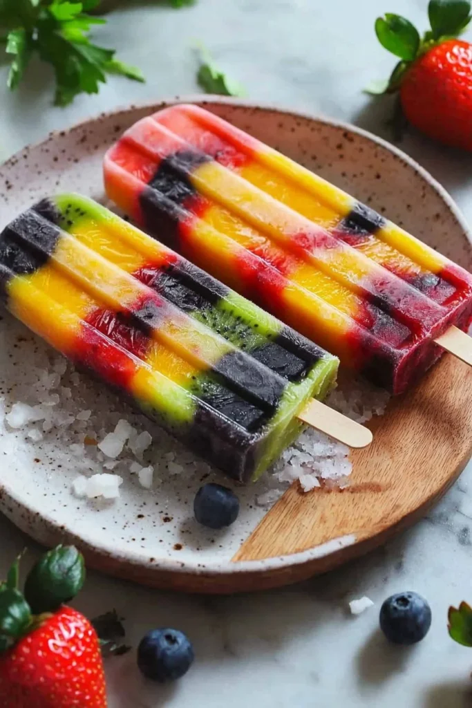 Colorful rainbow fruit popsicles made from fresh fruits for a healthy treat.