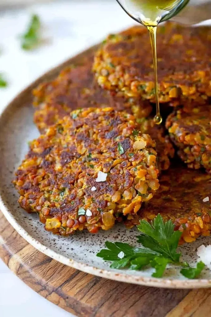 Delicious red lentil fritters served on a plate with dipping sauce