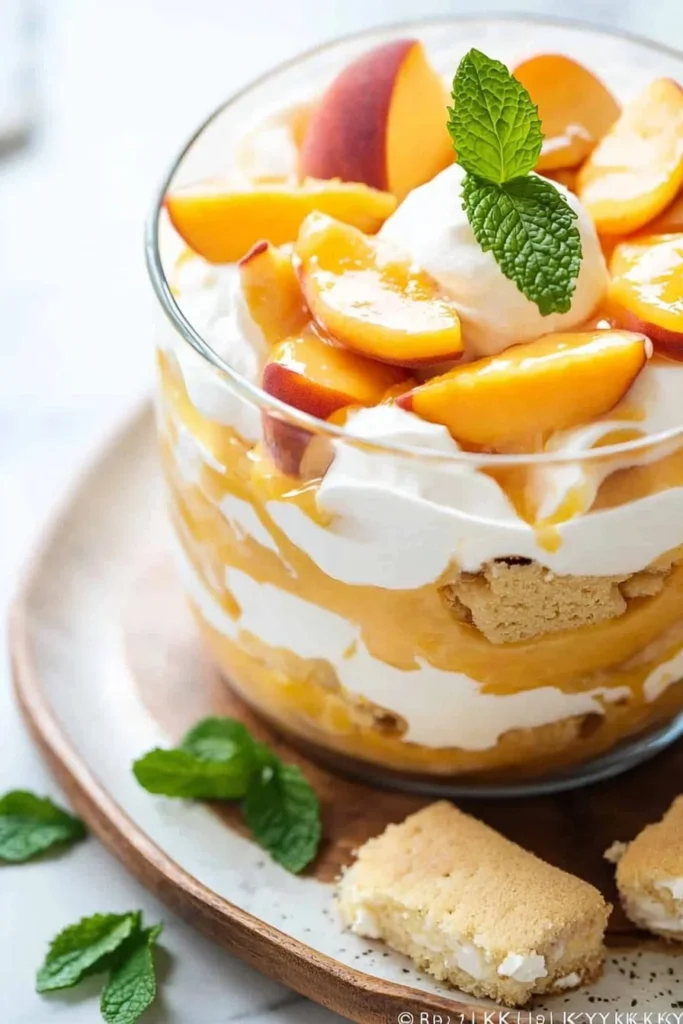 A refreshing summer peach mousse trifle layered with peach slices and creamy mousse.