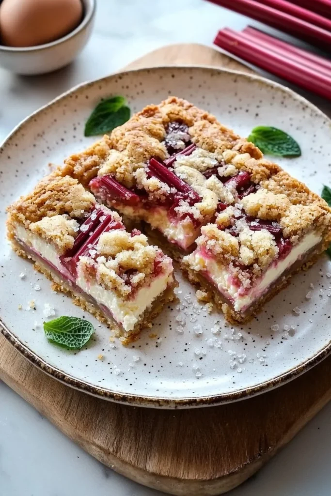 Delicious rhubarb cream cheese bars on a plate, garnished with fresh rhubarb.