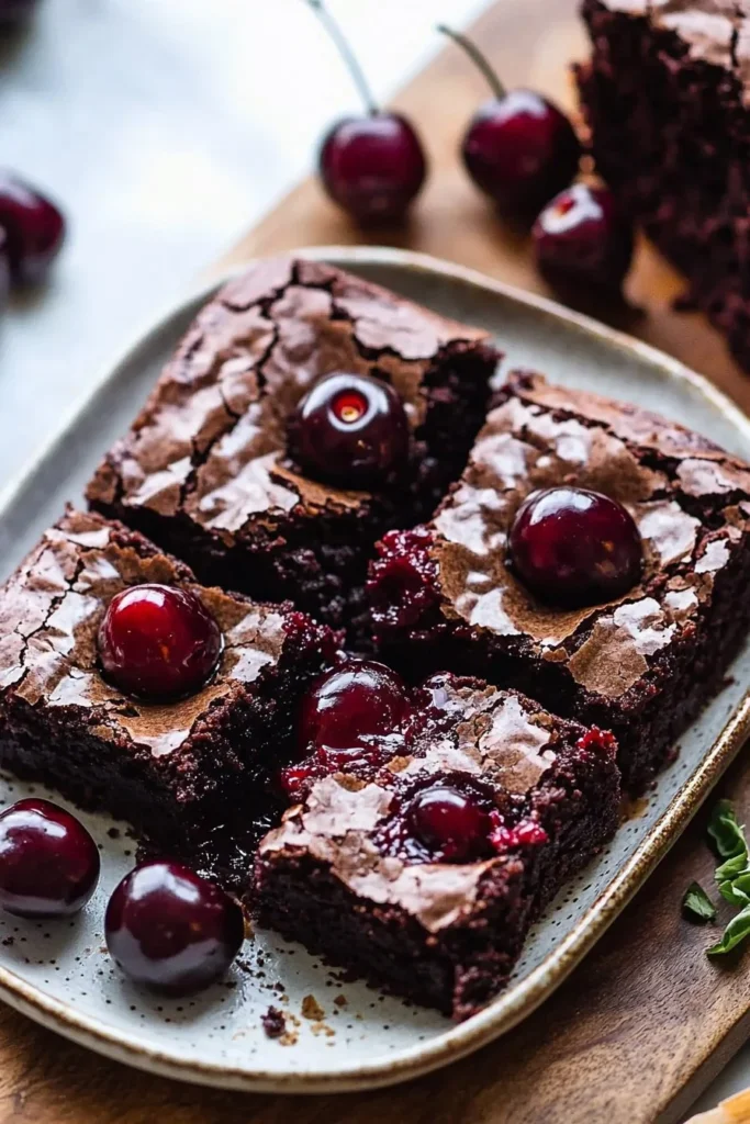 Delicious roasted cherry brownies topped with fresh cherries and chocolate.