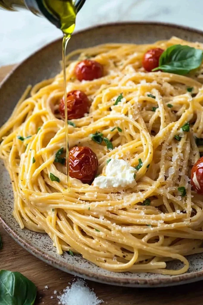 Roasted Tomato and Garlic Ricotta Pasta bowl with fresh herbs