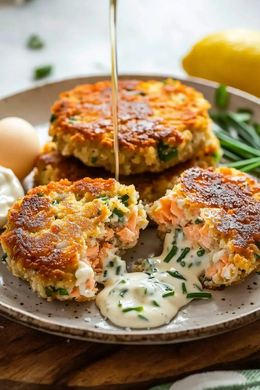 Salmon Cakes with Chive and Garlic Sauce
