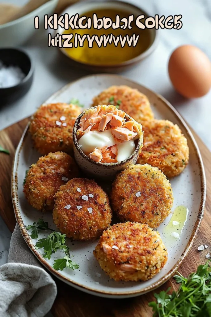 Golden-brown salmon croquettes served with dipping sauce on a plate