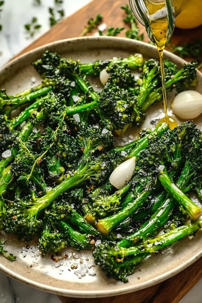 Sautéed garlic broccolini served on a plate with garlic slices