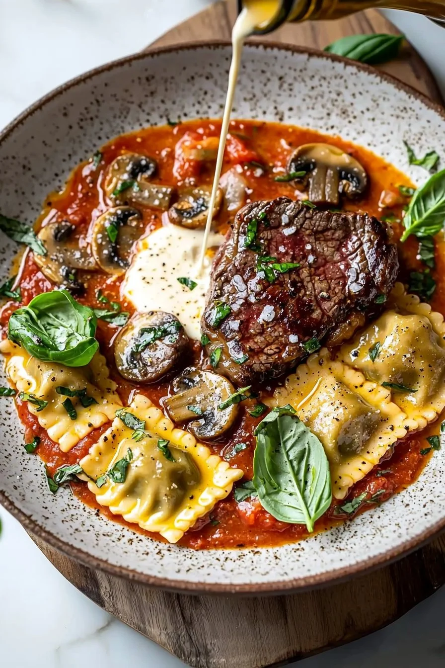 Seared Steak and Mushroom Ravioli in Creamy Tomato Sauce