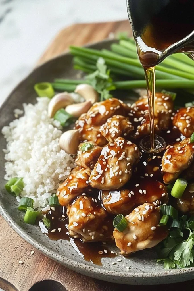 Plate of sesame chicken garnished with sesame seeds and vegetables