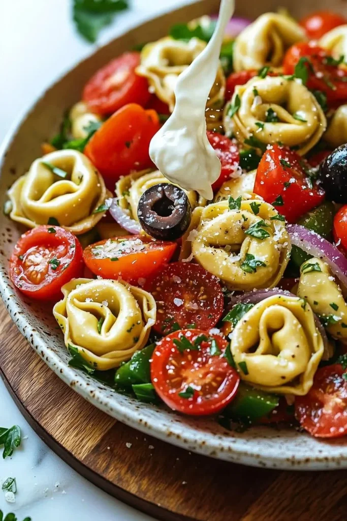 Bowl of simple cold tortellini pasta salad with fresh vegetables