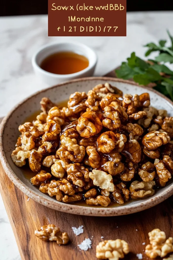 Slow cooked maple walnuts in a bowl, showcasing their rich, caramelized texture.
