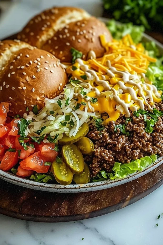 Delicious smash burger bowl with fresh ingredients and vibrant toppings.