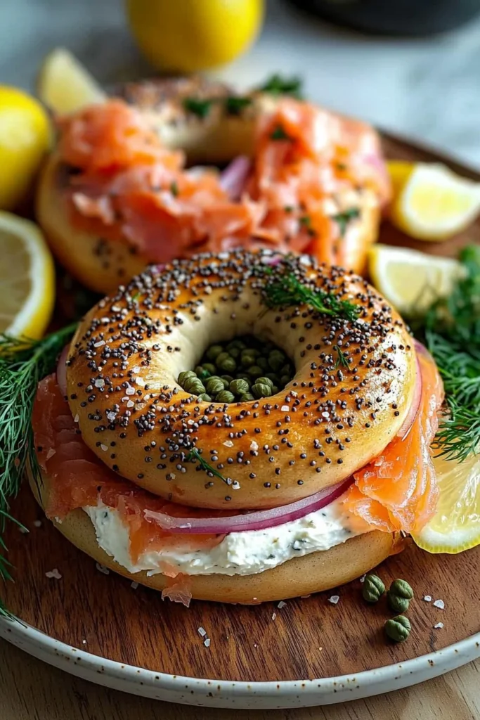 Smoked salmon bagel topped with cream cheese and fresh herbs