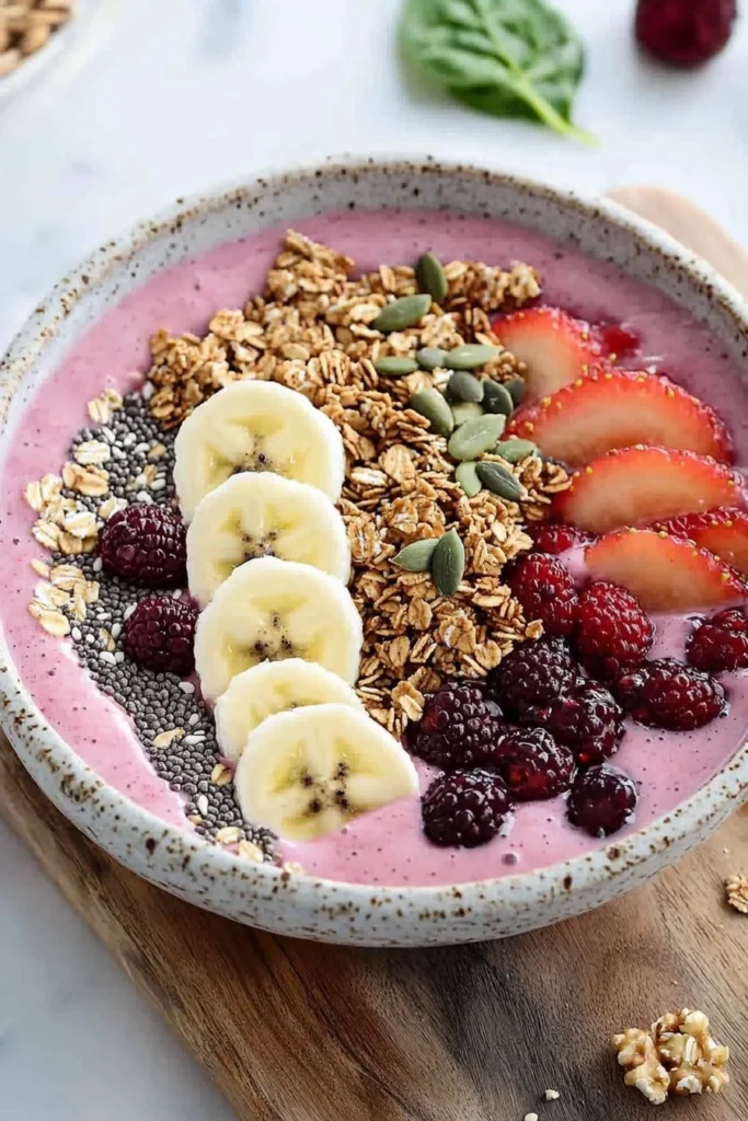 Colorful smoothie bowl with fruits, nuts, and granola for a healthy breakfast