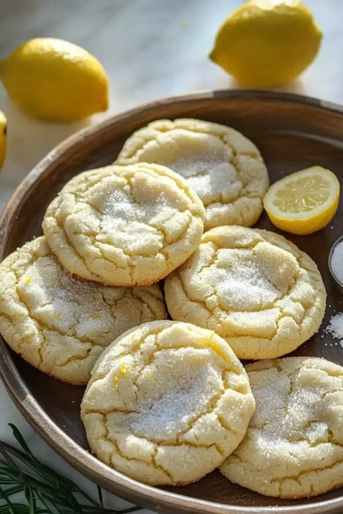 Soft and chewy lemon cookies on a plate, garnished with lemon zest.