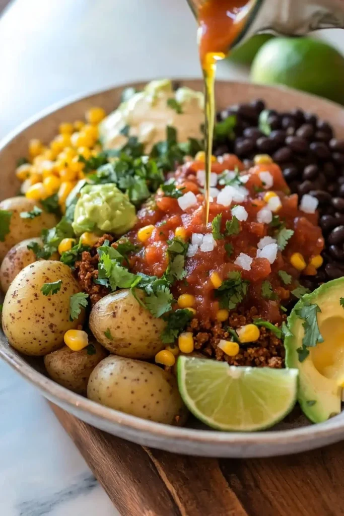 Delicious Soft Potato Taco Bowl topped with fresh ingredients and spices