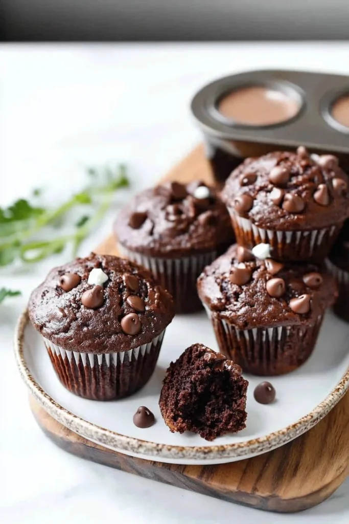 Delicious sour cream double chocolate muffins on a plate