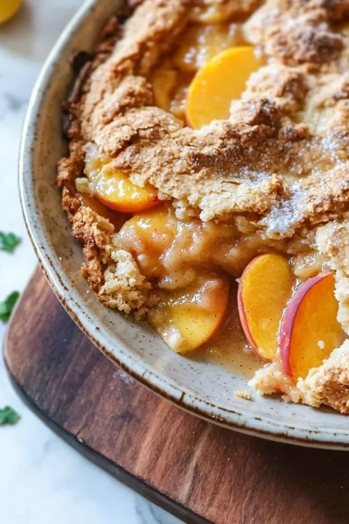 Delicious Southern peach cobbler with golden crust and juicy peaches