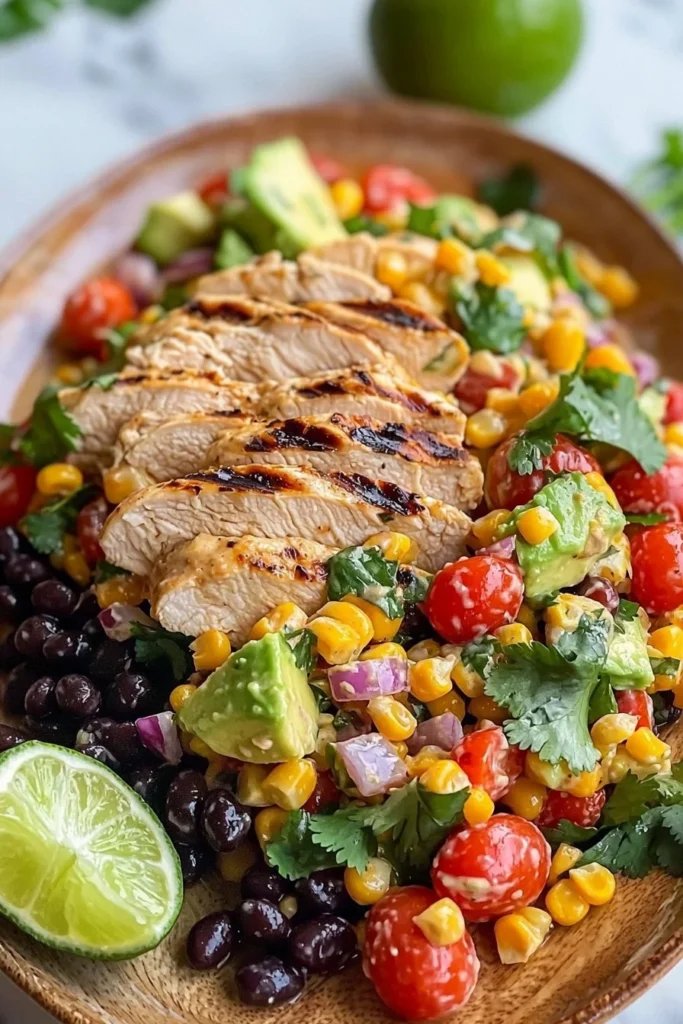 Bowl of Southwestern chicken salad with fresh ingredients and vibrant toppings.