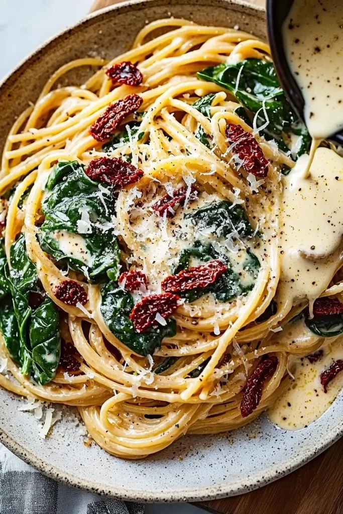 Plate of spaghetti spinach topped with sun-dried tomato cream sauce