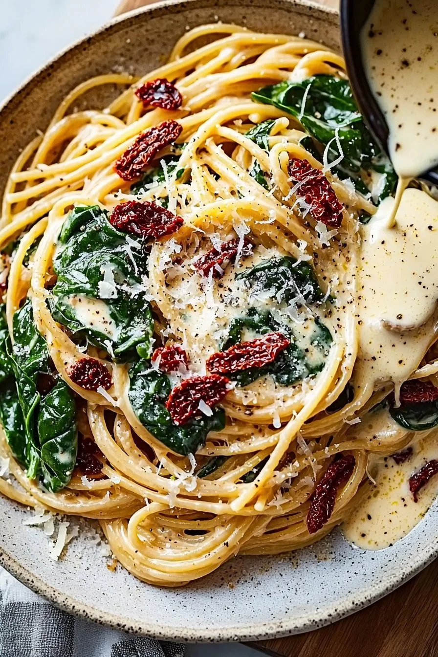 Spaghetti & Spinach with Sun-Dried Tomato Cream Sauce