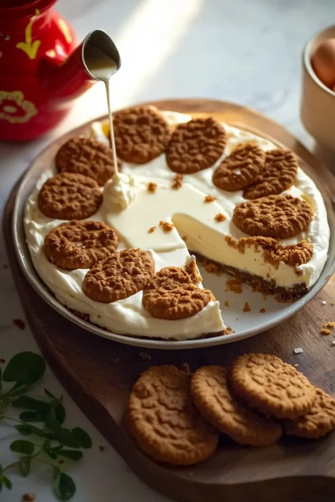 A slice of creamy Speculoos Cheesecake topped with cookie crumbles.