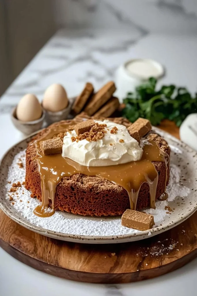 Decadent Speculoos Drip Cake topped with creamy Speculoos sauce and cookie crumbs