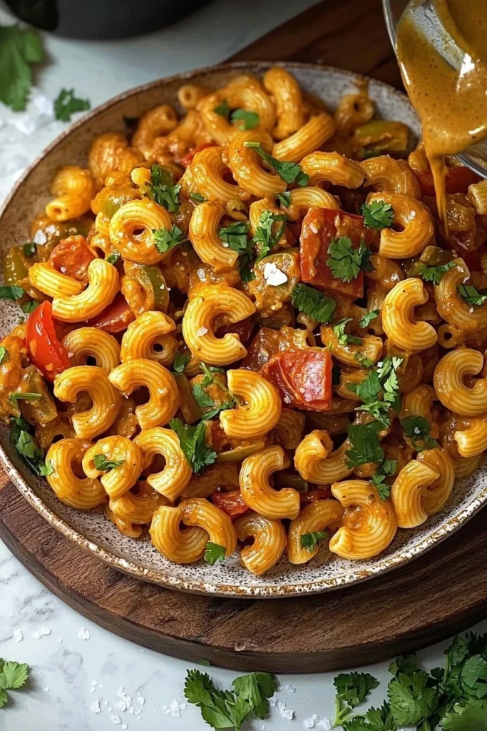 Bowl of spiced macaroni pasta garnished with herbs and spices