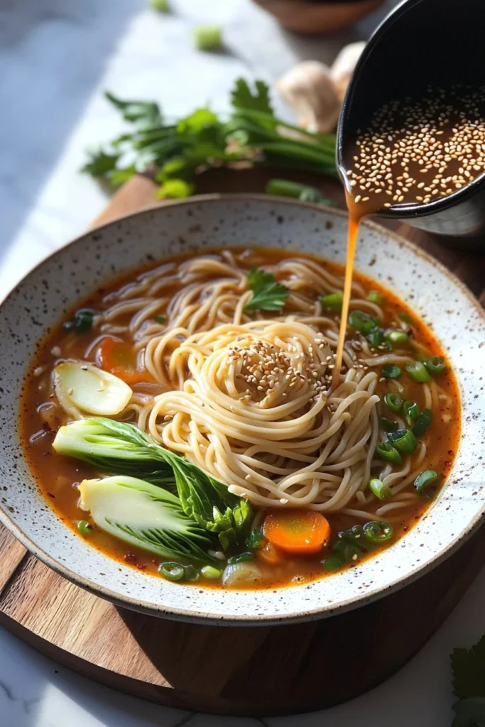 Bowl of spicy Gochujang noodle soup with fresh ingredients and chili peppers