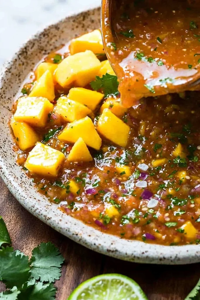 Delicious spicy mango-habanero salsa served in a bowl with chips