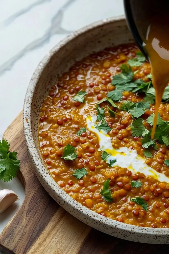 Bowl of spicy red lentil curry garnished with fresh cilantro.