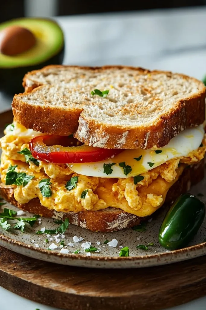 Spicy Smoky Pepper Breakfast Sandwich with fresh ingredients and crispy bacon